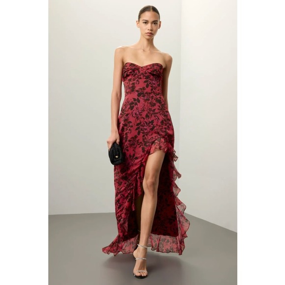 Amanda Uprichard Dresses & Skirts - Amanda Uprichard Eden Gown Strapless Maxi Dress‎ Floral Ruffle Pink Black Sz M